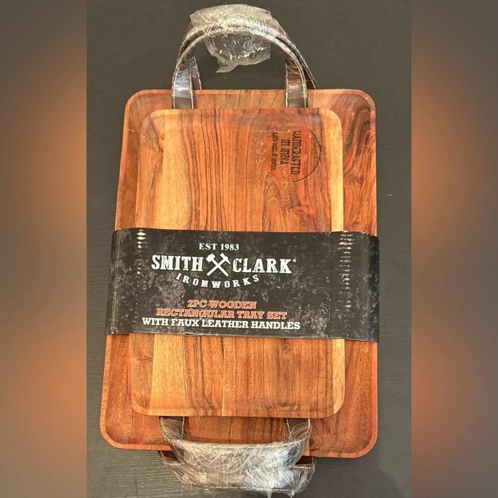 Smith & Clark Rustic Wooden Serving Trays with Handle Decorative  2 Pcs